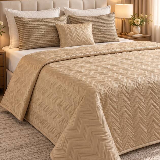 Caramel Luxe Quilted Bedspread Set – Elegant Chevron Design