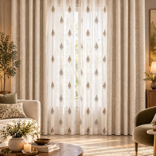 Ivory Bloom Elegance – Beige & Embroidered Sheer Curtains