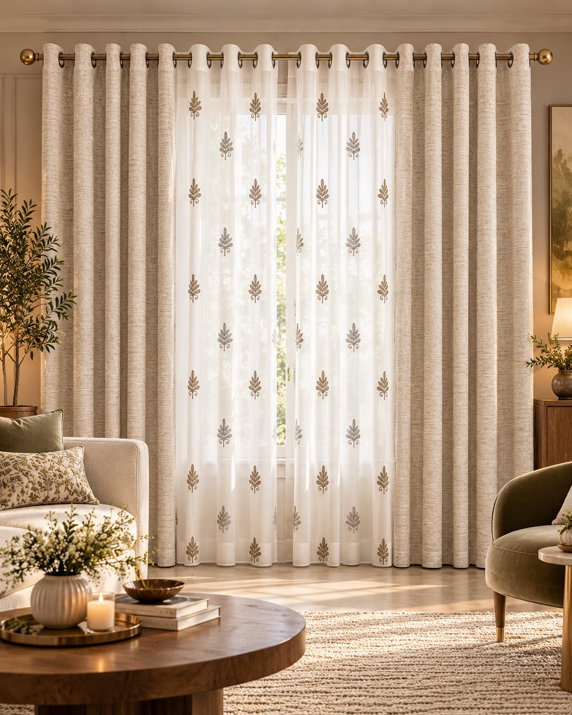 Ivory Bloom Elegance – Beige & Embroidered Sheer Curtains