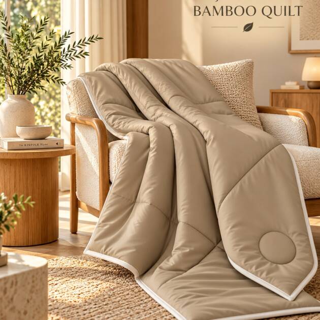 Kiyomi Taupe Elegance Japanese Bamboo Quilt – Warm Beige