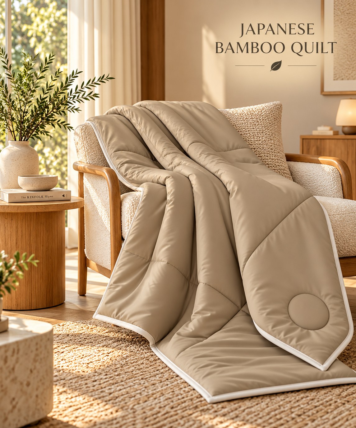 Kiyomi Taupe Elegance Japanese Bamboo Quilt – Warm Beige
