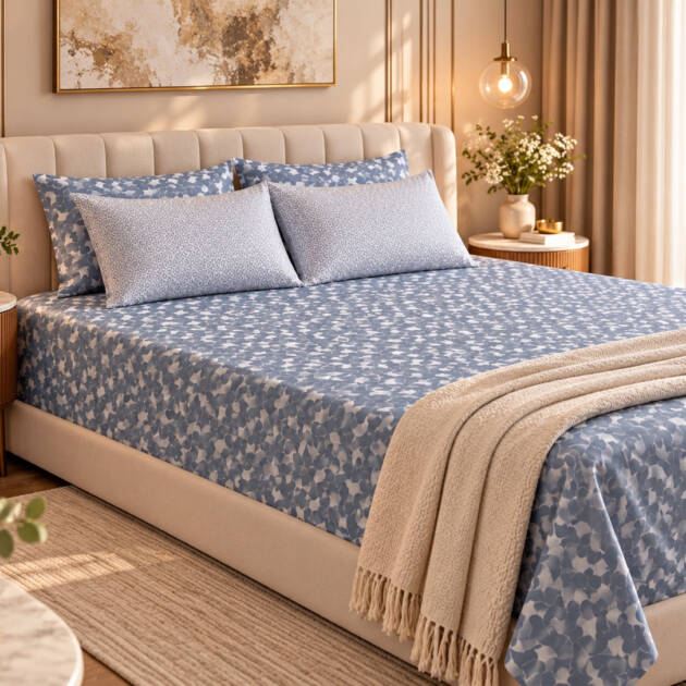 Misty Blue Elegance – Premium Cotton Bedsheet Set