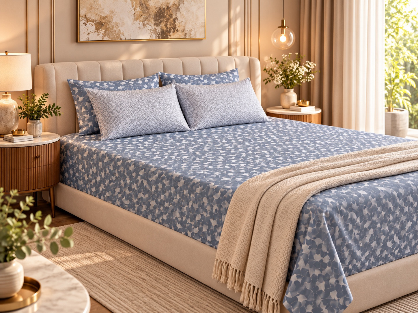 Misty Blue Elegance – Premium Cotton Bedsheet Set
