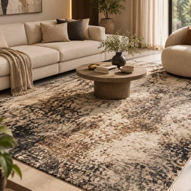 Premium Abstract Distressed Carpet – Beige, Brown & Charcoal
