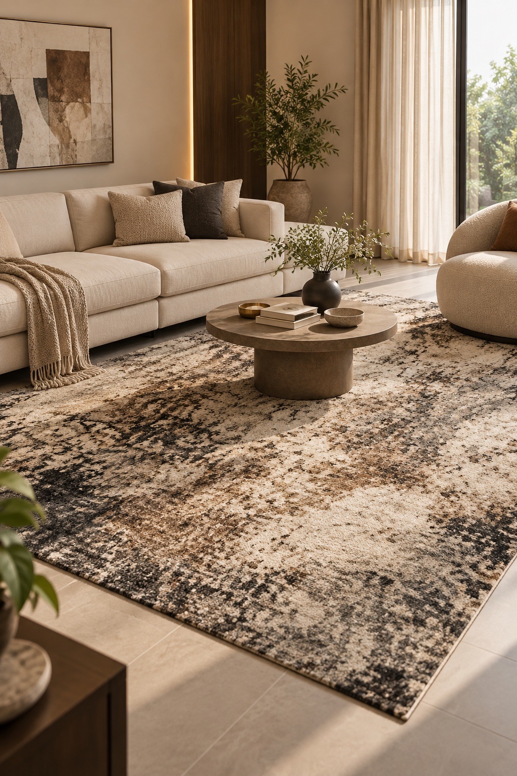 Premium Abstract Distressed Carpet – Beige, Brown & Charcoal