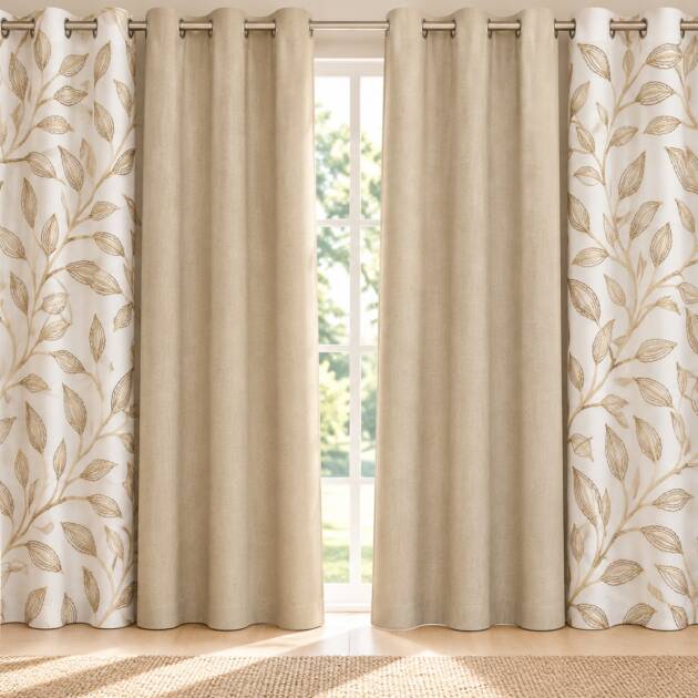 Elegant Beige & Ivory Leaf Curtain Set