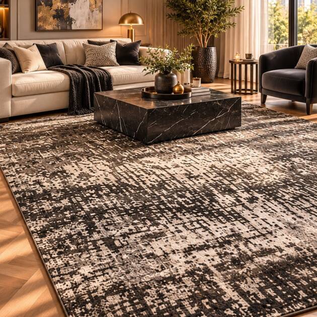 Midnight Charcoal Abstract Carpet – Black & Ivory