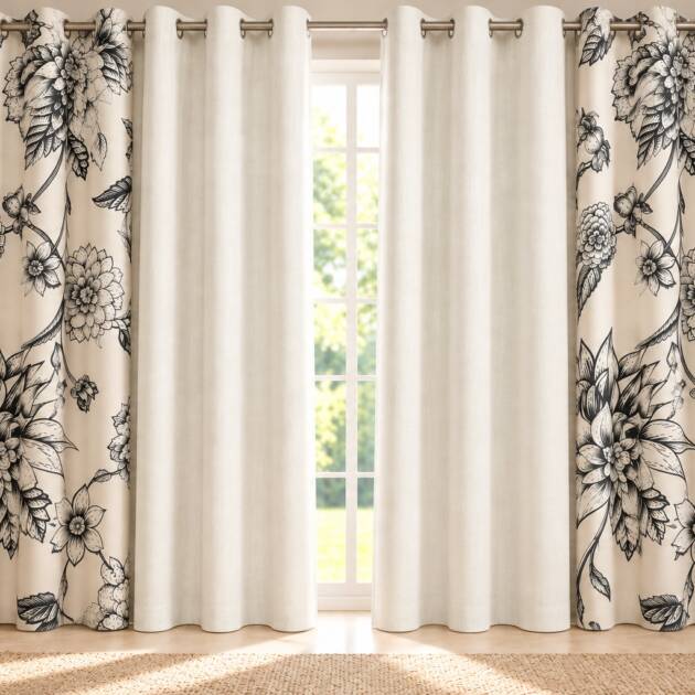 Elegant Black & Ivory Floral Curtain Set