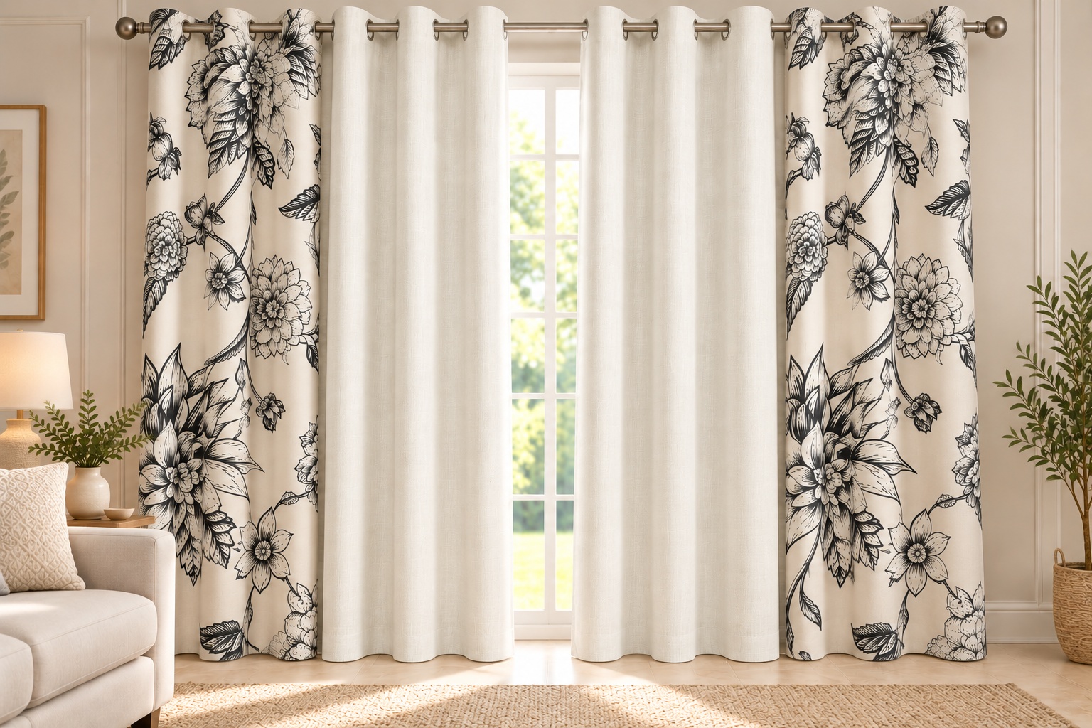 Elegant Black & Ivory Floral Curtain Set