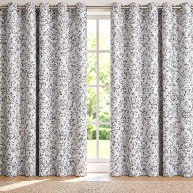 Elegant Grey Damask Curtain Set