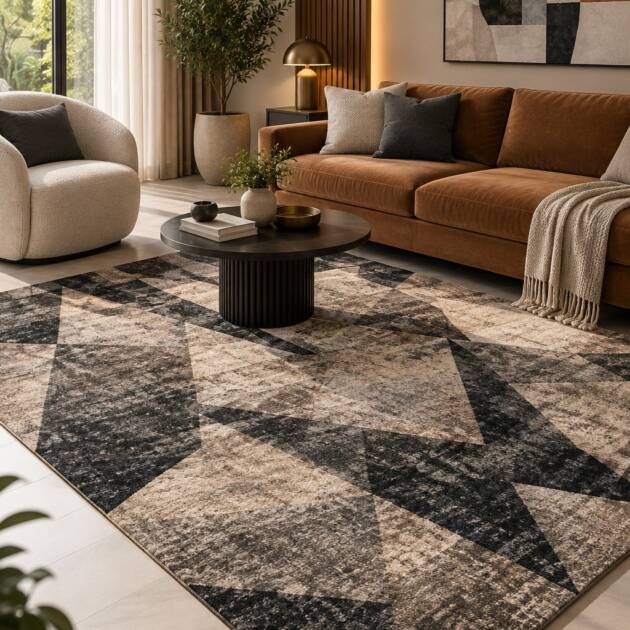 Premium Geometric Abstract Carpet – Charcoal Grey & Beige