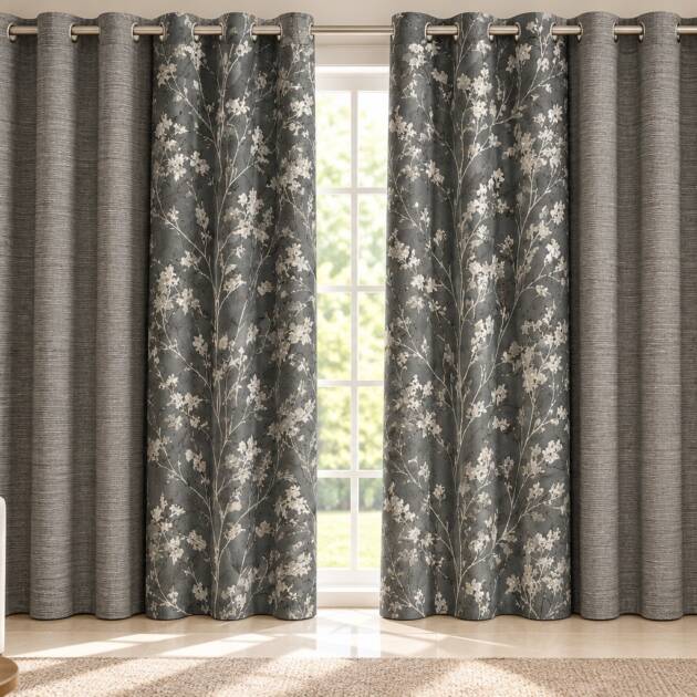 Elegant Charcoal Grey Floral Curtain Set