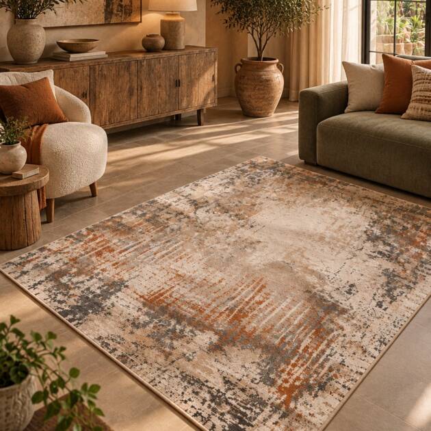 Rustic Ivory & Terracotta Abstract Carpet