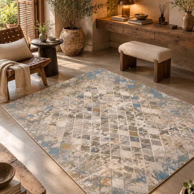 Rustic Blue & Cream Geometric Carpet
