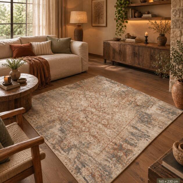 Rustic Terracotta & Ivory Floral Carpet