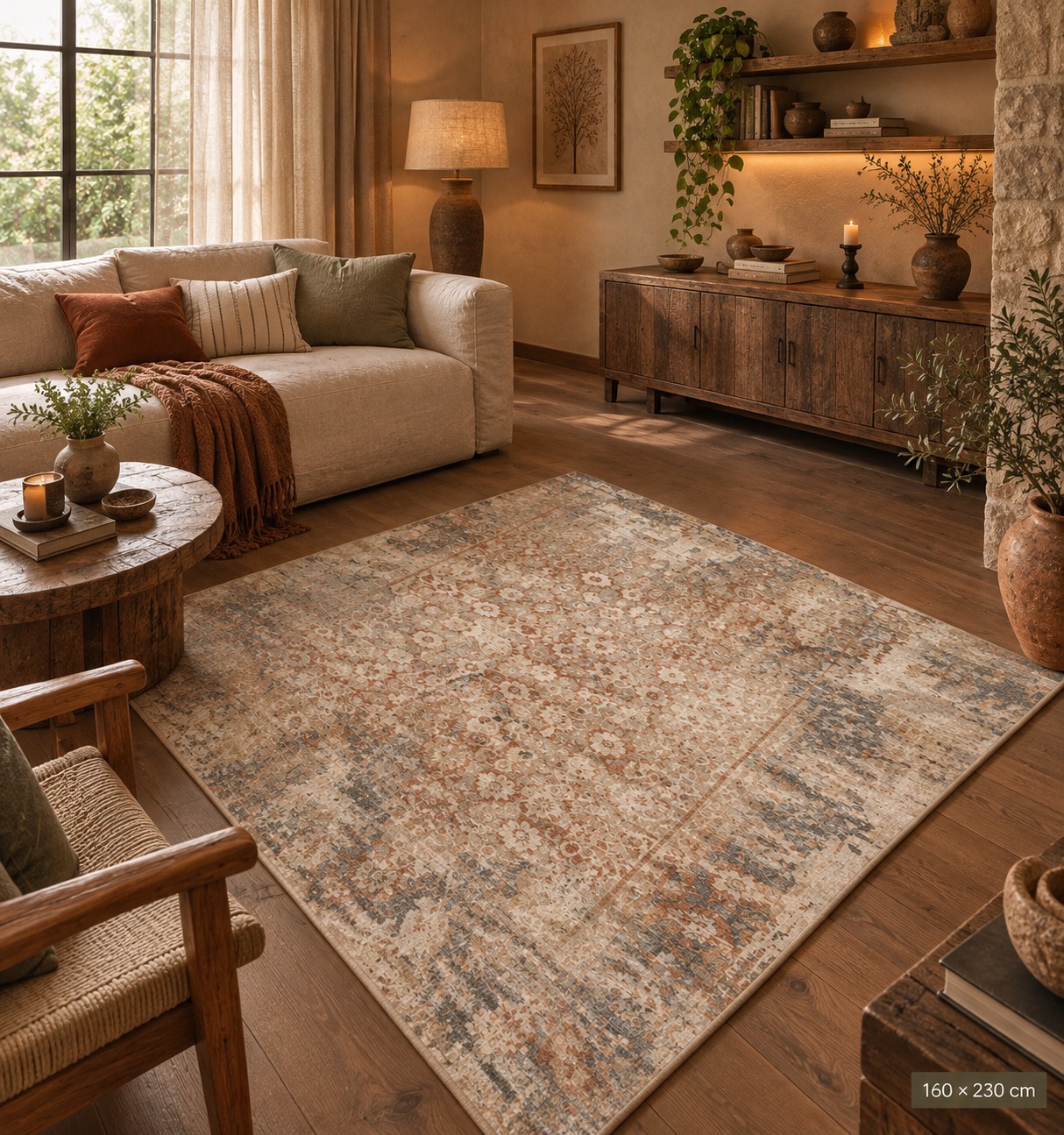 Rustic Terracotta & Ivory Floral Carpet