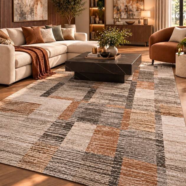Urban Rust Geometric Carpet – Beige & Charcoal