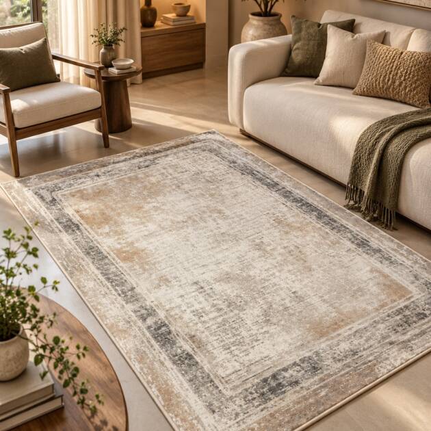 Elegant Beige & Grey Vintage Border Carpet