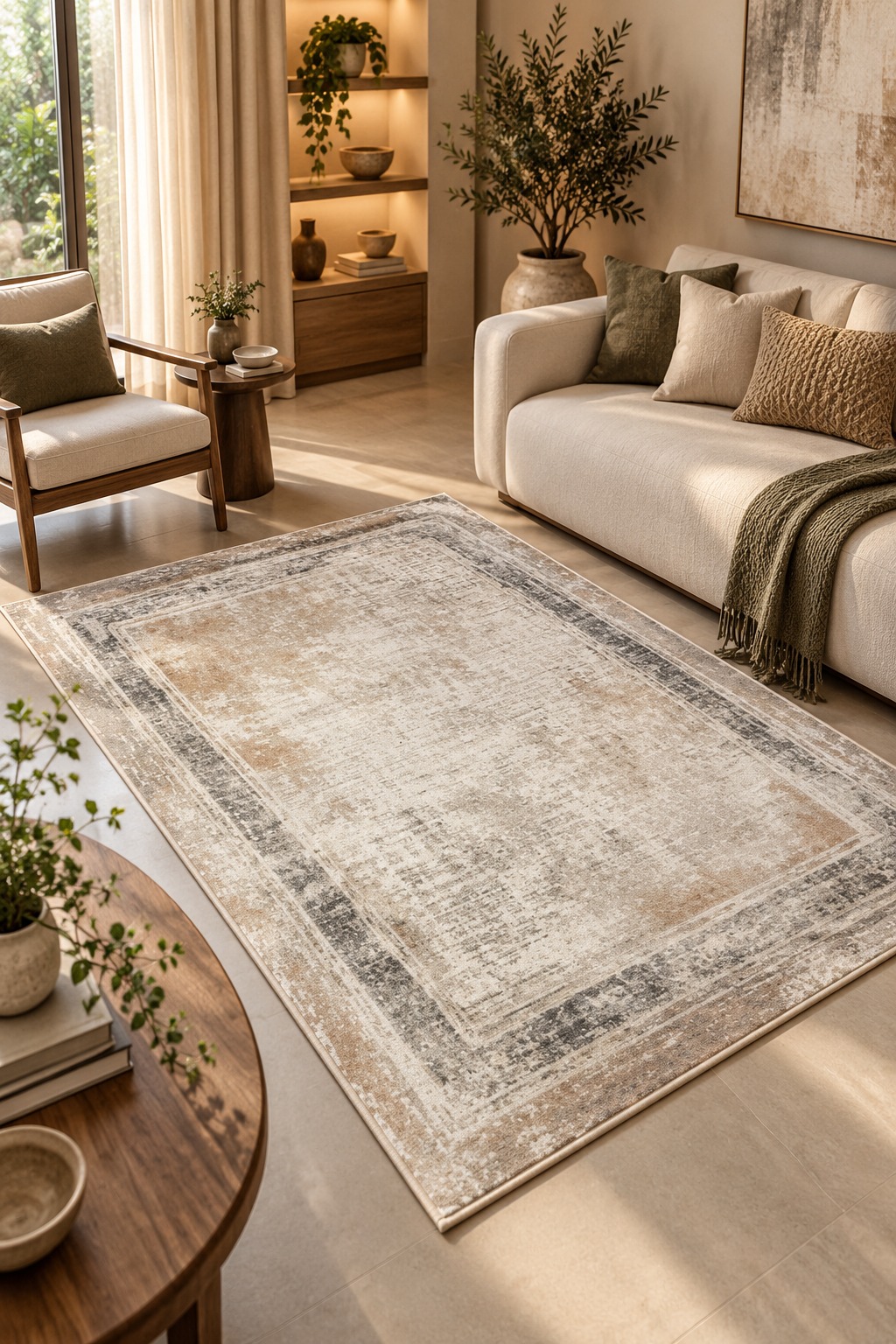 Elegant Beige & Grey Vintage Border Carpet