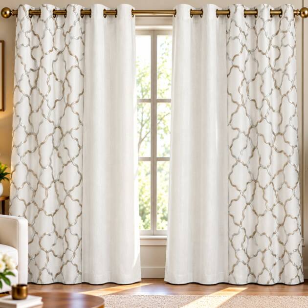 Ivory Sheer & Champagne Embroidered Curtains